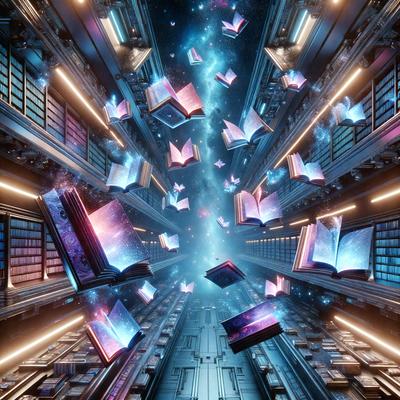 The primary subject of the image is a collection of books, which are floating in the air and appear to be falling. The setting is a futuristic library, with a blue and purple color scheme. The visual style is a digital art or illustration, creating a surreal and dreamlike atmosphere. The dominant colors are blue and purple, which contribute to the futuristic and otherworldly ambiance of the scene.